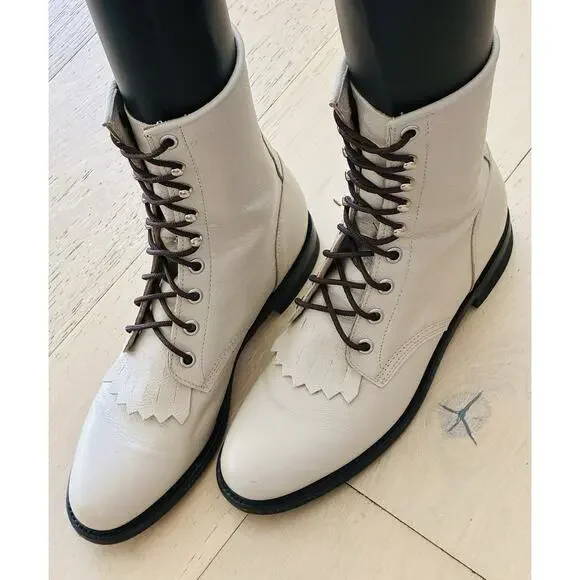 JUSTIN USA Western Kiltie Lace Up Leather Work Roper Boots Size 6 High Top Shoes - Picture 3 of 8